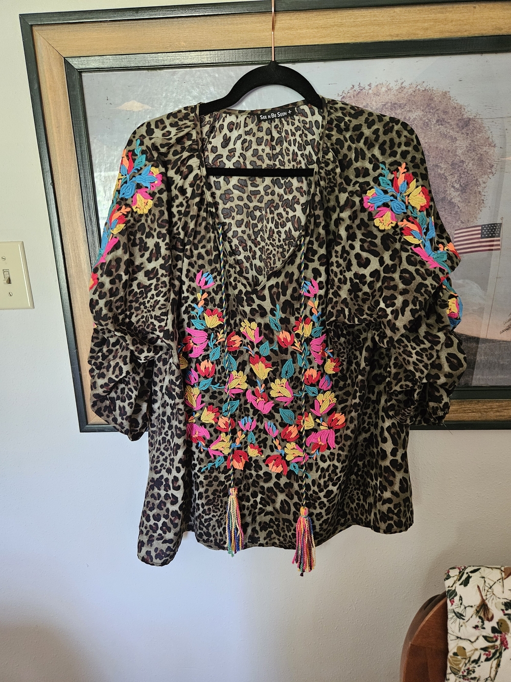 See n Be Seen Embroidered Leopard V-Neck Women's Blouse - Multicolor on Brown